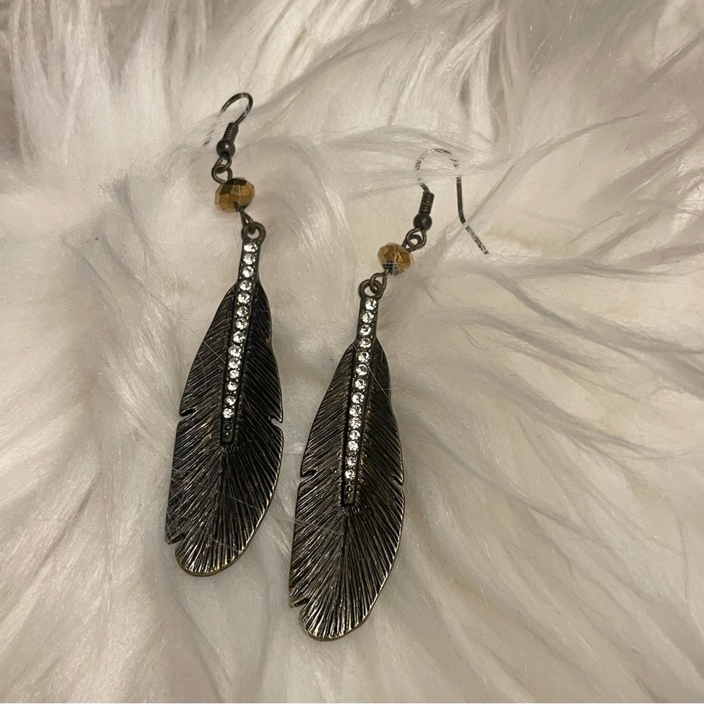 bronze copper antiqued metal feather dangle earrings rhinestones 3”